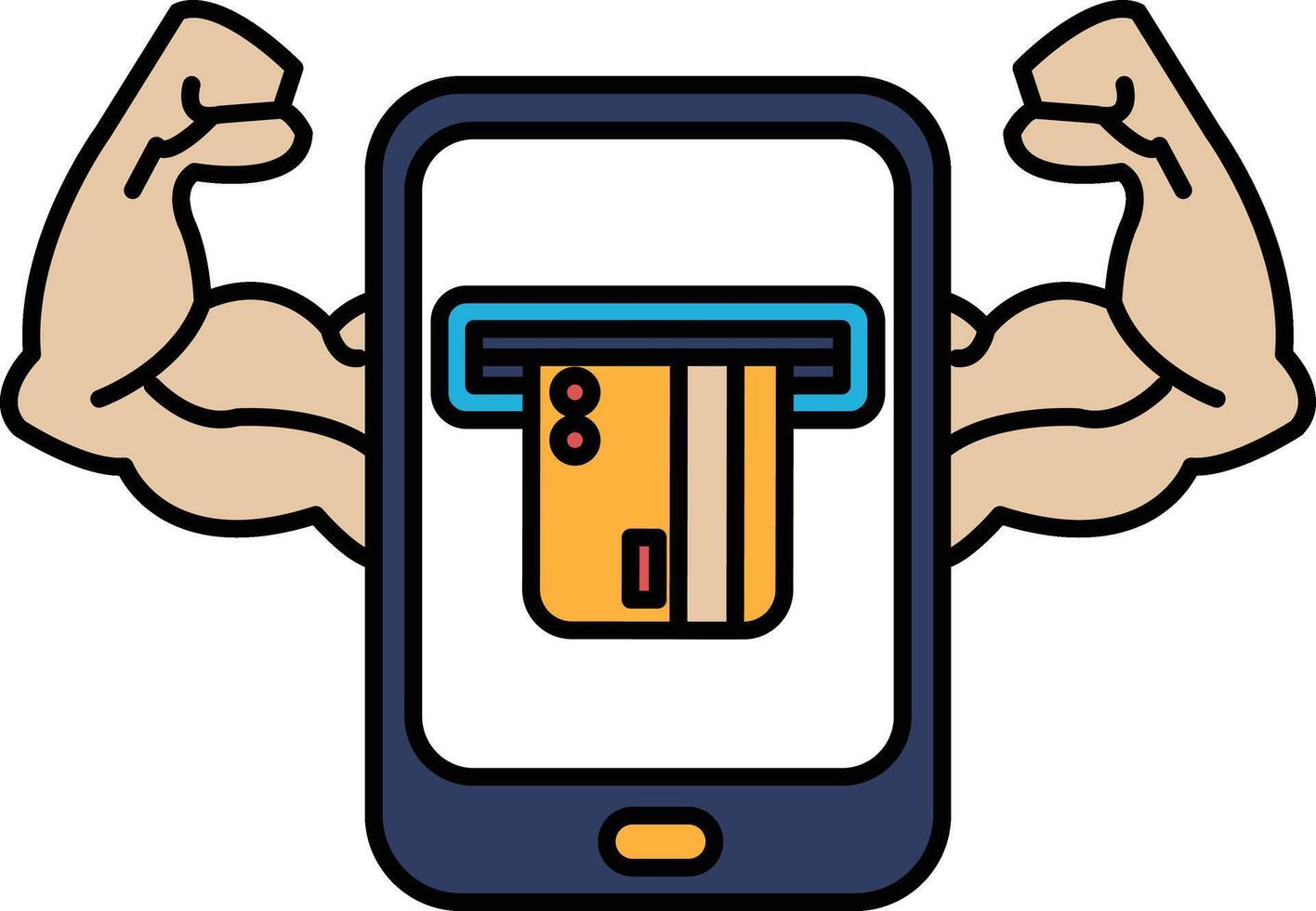 A man with bulging muscles is holding a cell phone that has a credit card on it vector