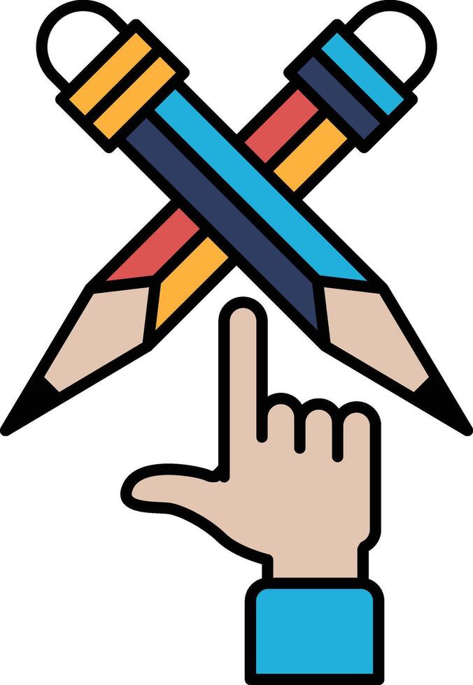 A hand pointing at two pencils, one of which is red and the other is blue vector