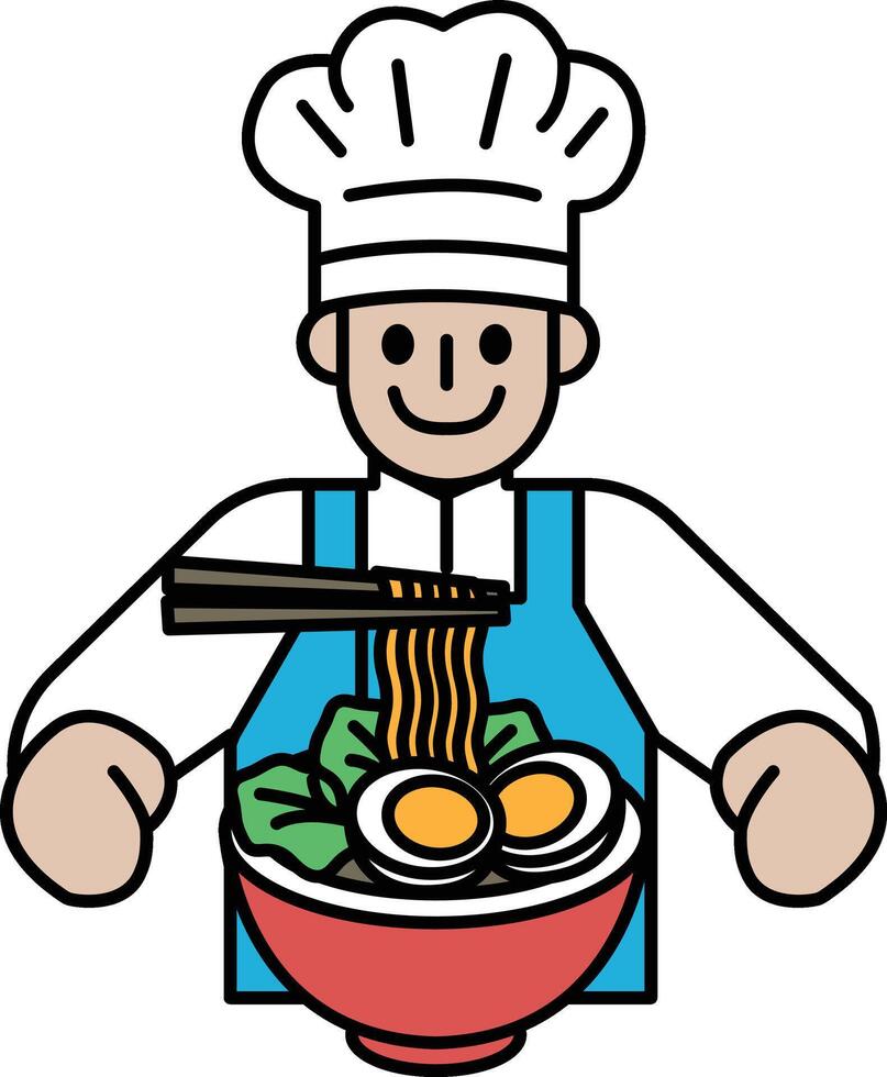 A cartoon chef is holding a bowl of ramen noodles and smiling vector