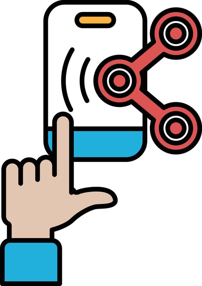 A hand pointing to a phone with a red and blue circle on it vector