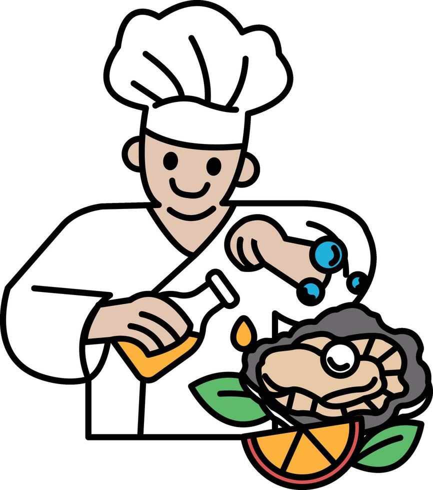 A chef is making a dish with a flower and an orange vector