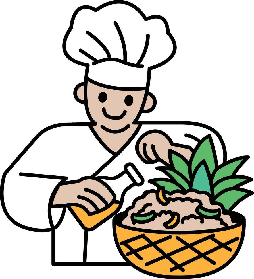 A chef is making a salad with a pineapple in a bowl vector