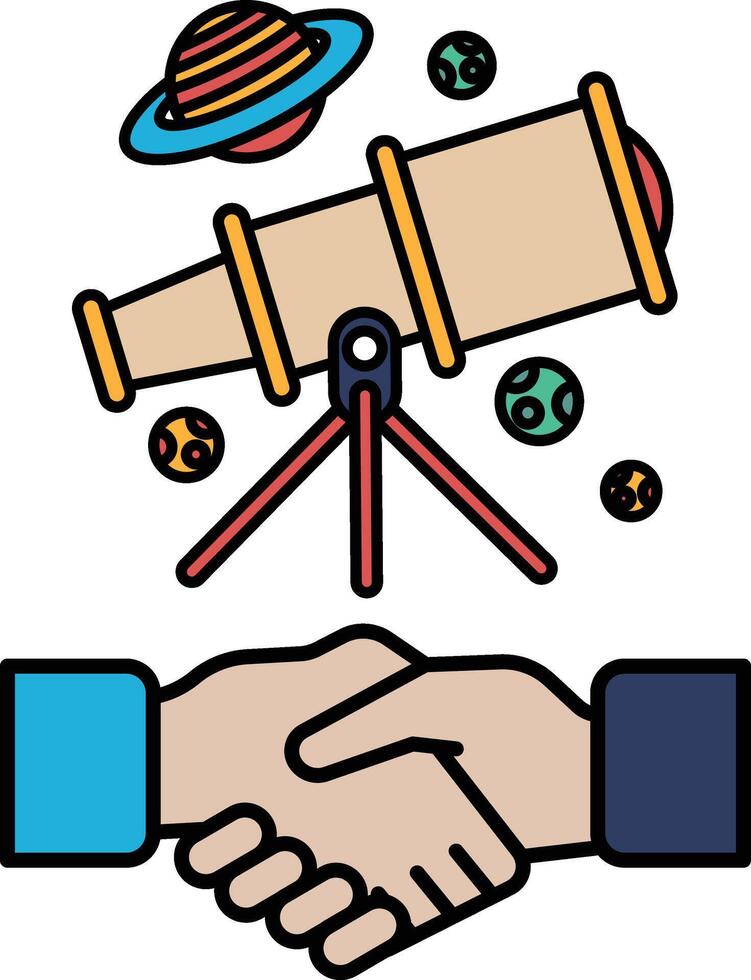 A hand shaking another hand with a telescope in the background vector