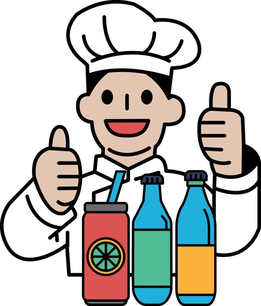 A chef is giving thumbs up to a bottle of soda vector