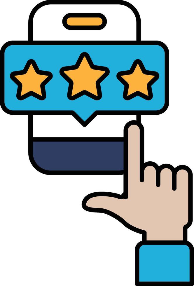 A hand pointing at a phone screen with three stars and a thumbs up vector