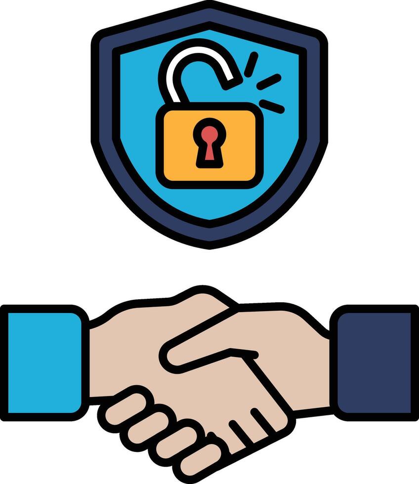 A blue shield with a keyhole and a handshake symbol vector