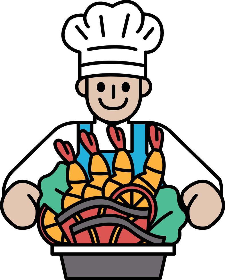 A chef is smiling and holding a tray of food, including shrimp and vegetables vector