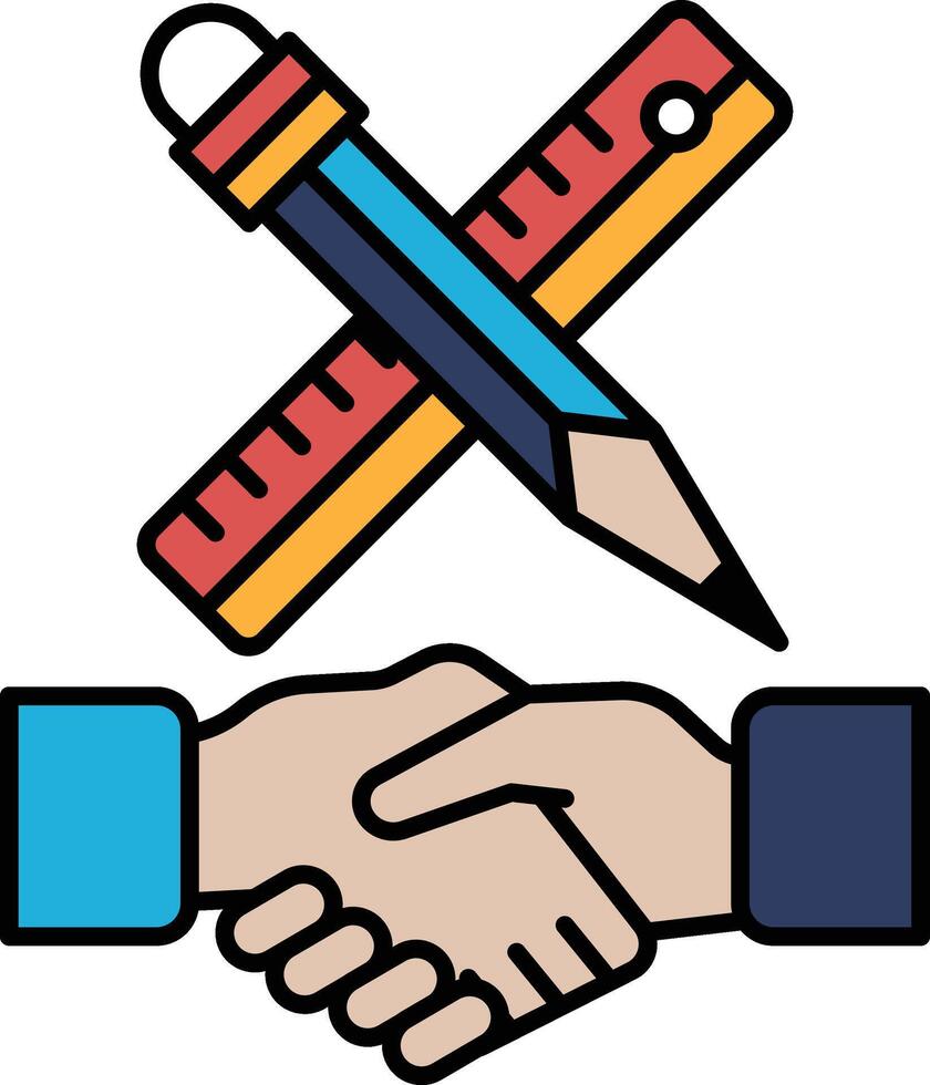A pencil and a ruler are shown in a handshake vector