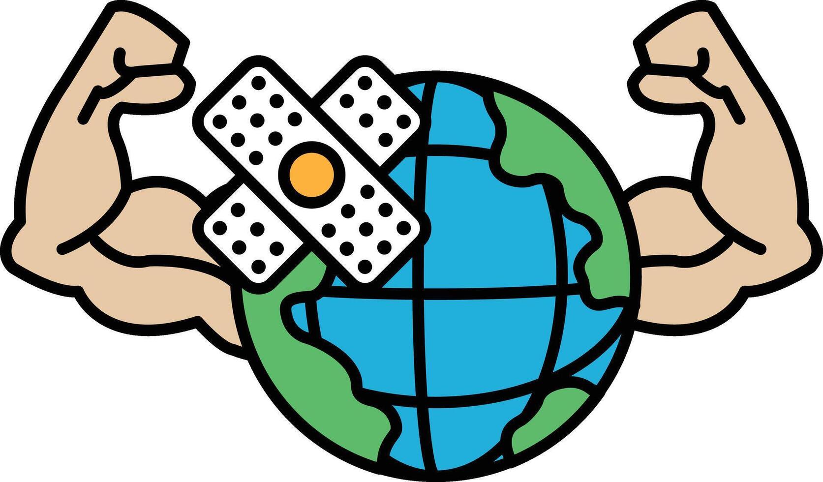 A cartoon of a man with his arms raised and a bandaged arm holding a globe vector