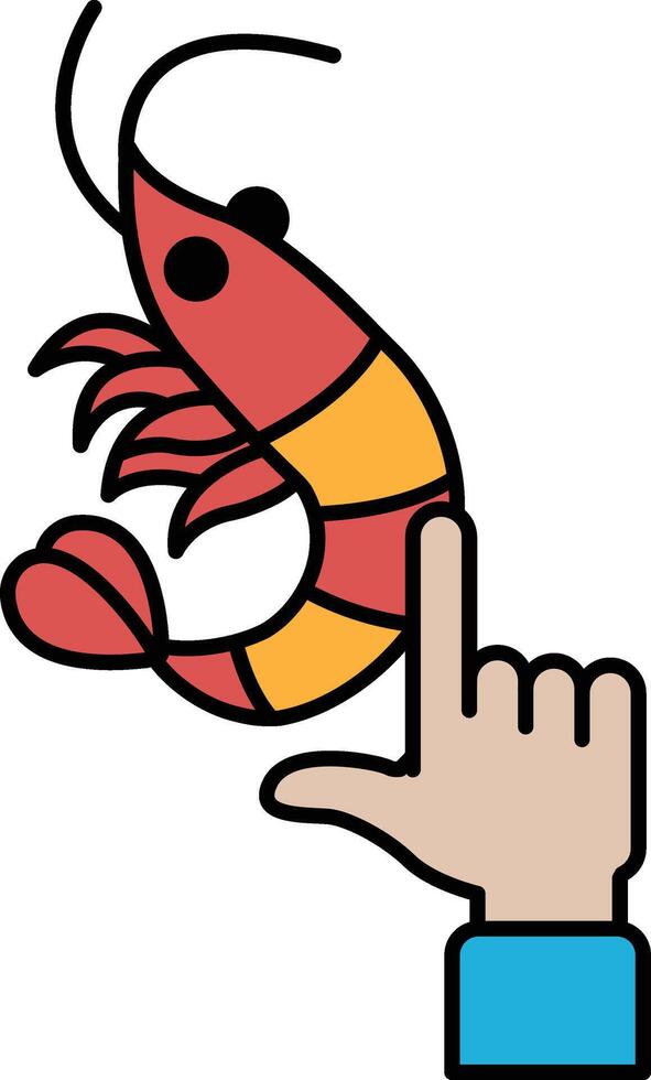 A cartoon shrimp is being held up by a finger vector