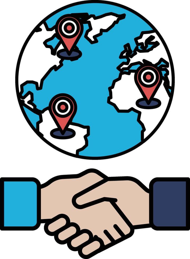 A handshake between two people is shown with a globe in the background vector