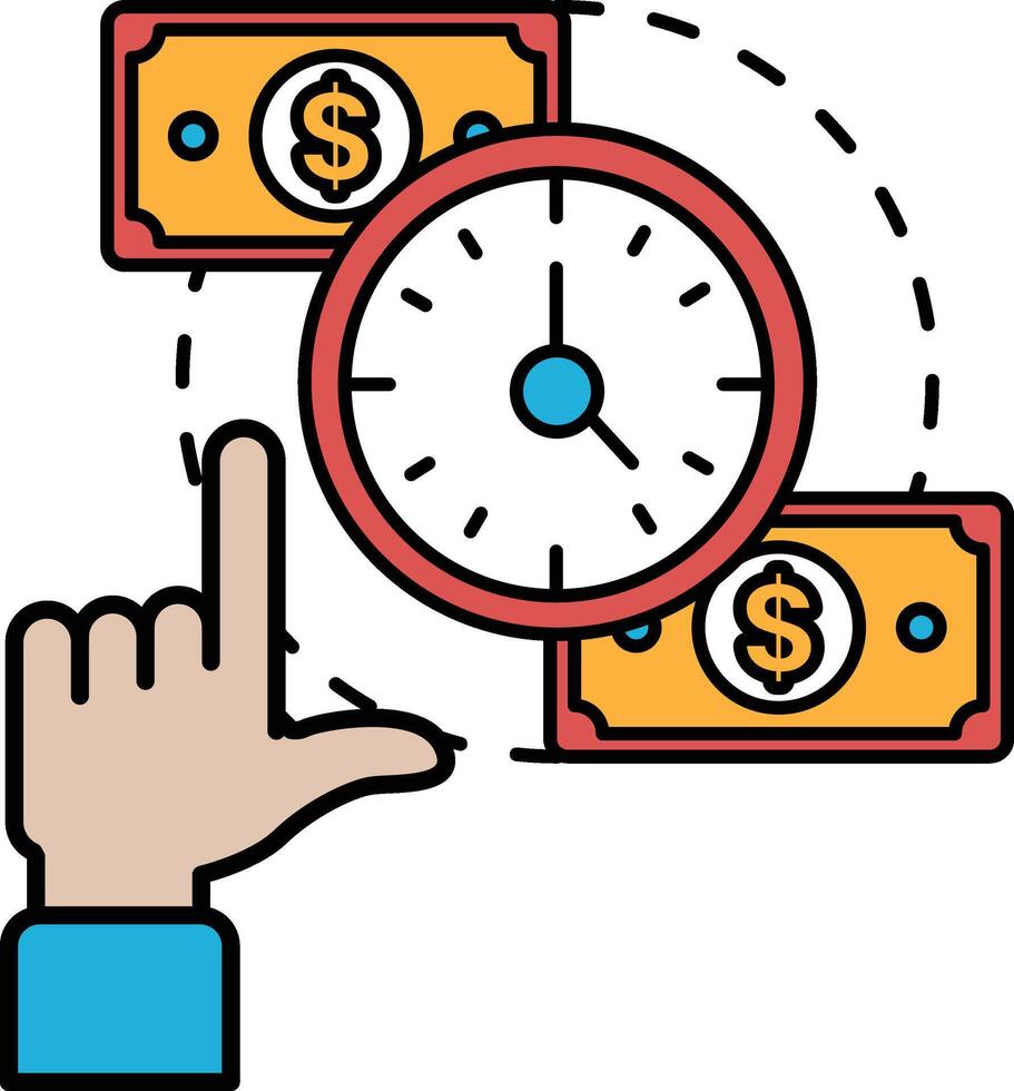 A hand pointing at a clock with two dollar bills in the background vector