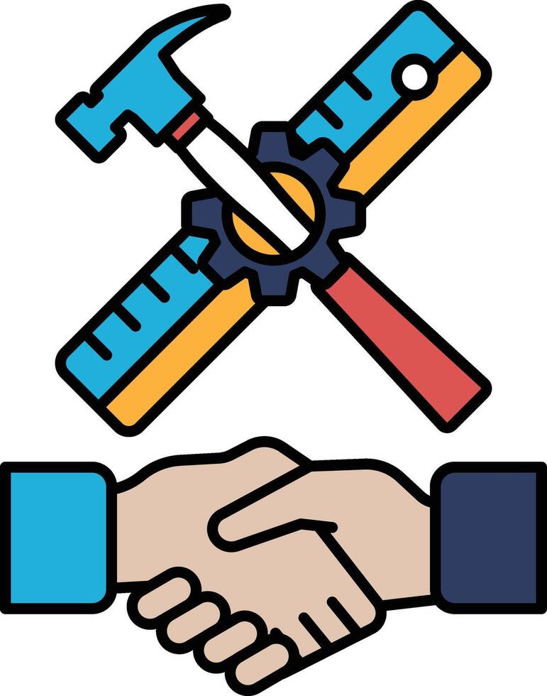 A hammer and a tape measure are shown in a handshake vector