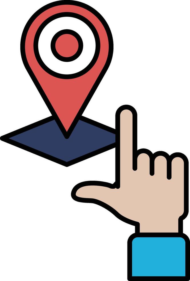 A hand pointing to a red dot on a map vector