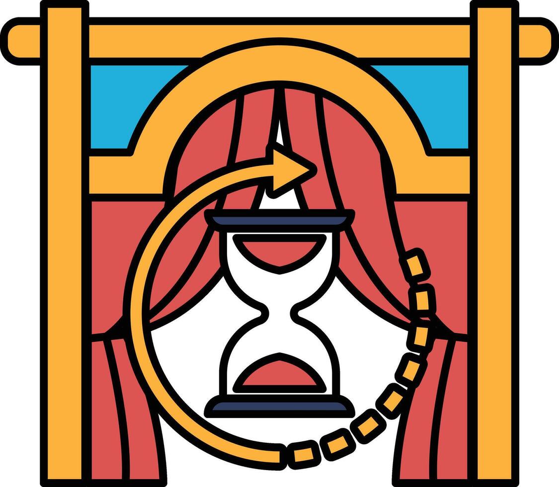A red and yellow curtain with a clock on it vector