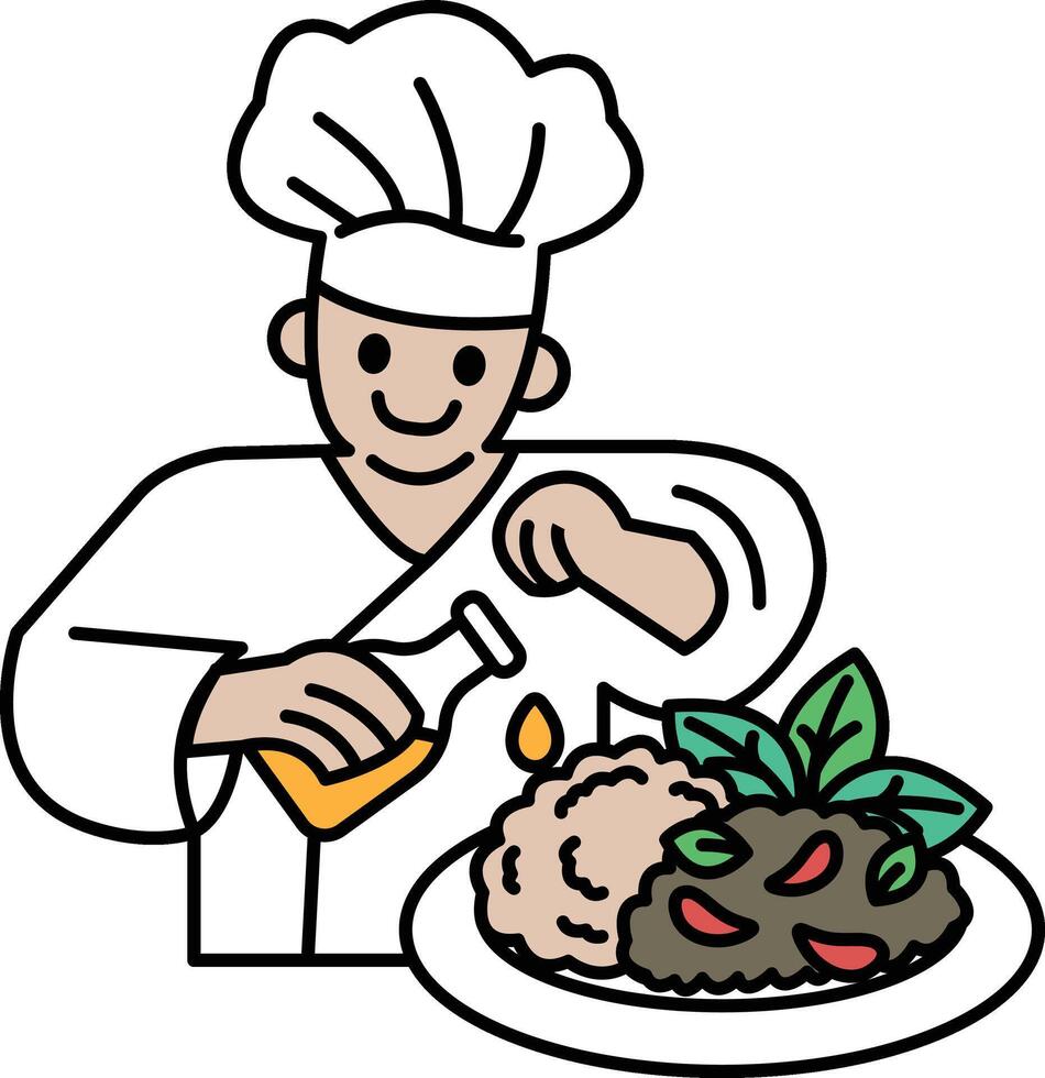 A chef is preparing a meal with a bottle of oil vector