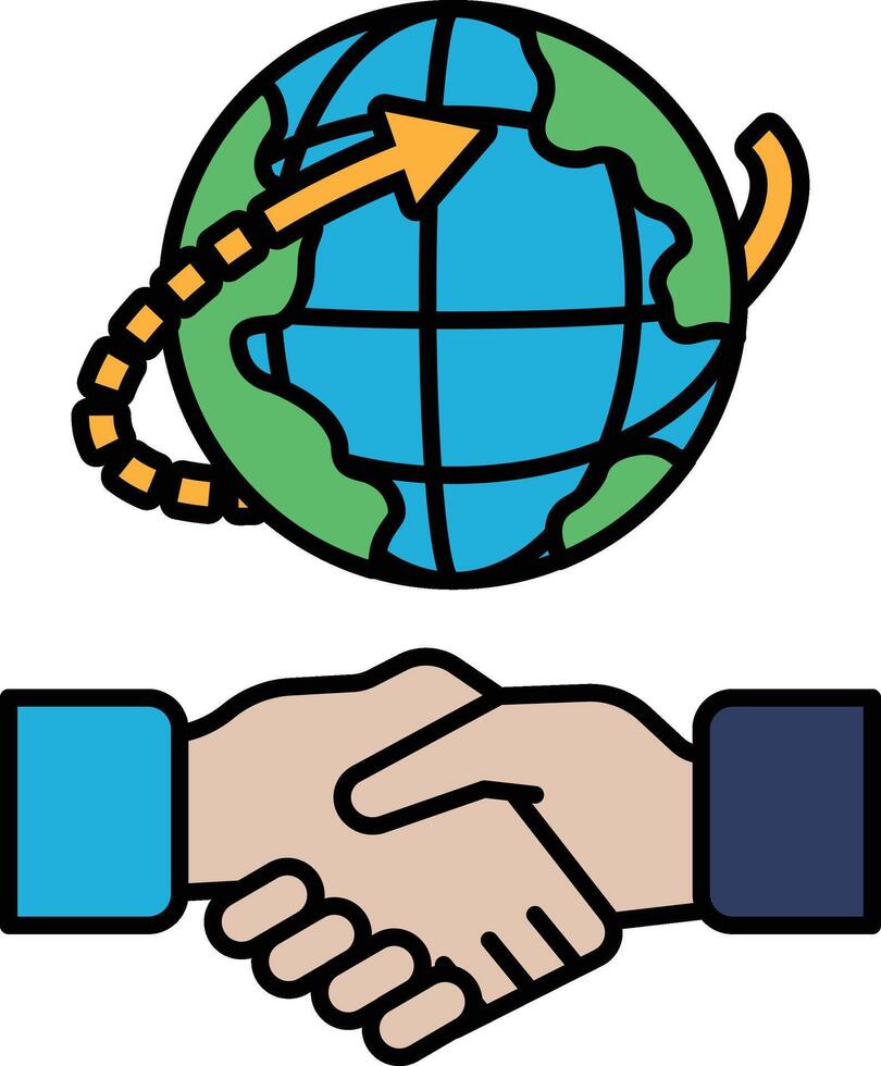 A hand shaking a globe with a green arrow pointing to the right vector
