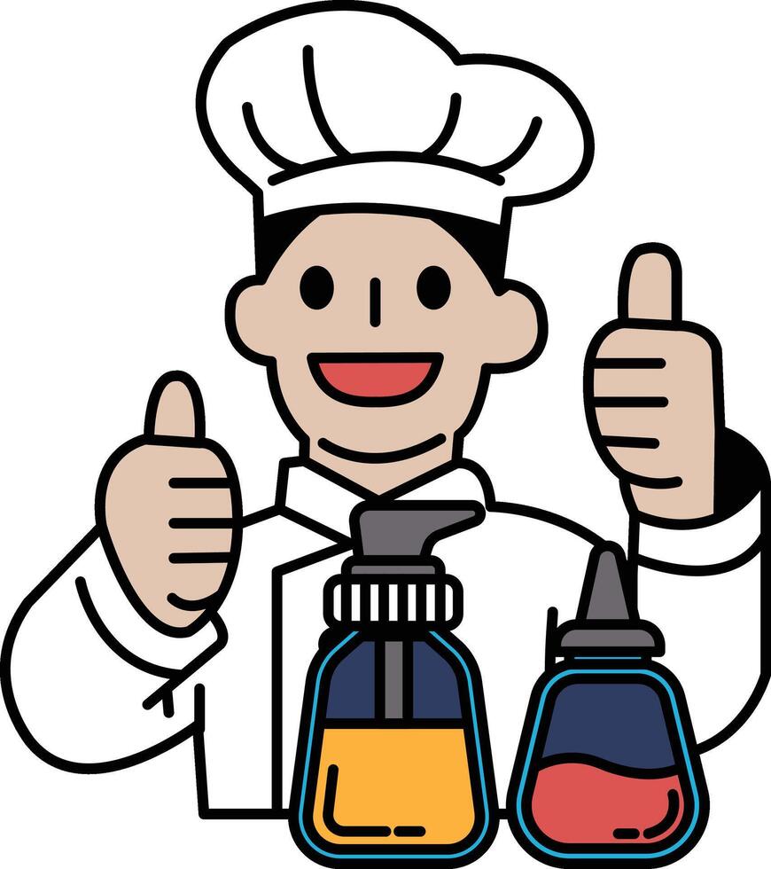 A chef is giving thumbs up to a bottle of hot sauce and a bottle of ketchup vector