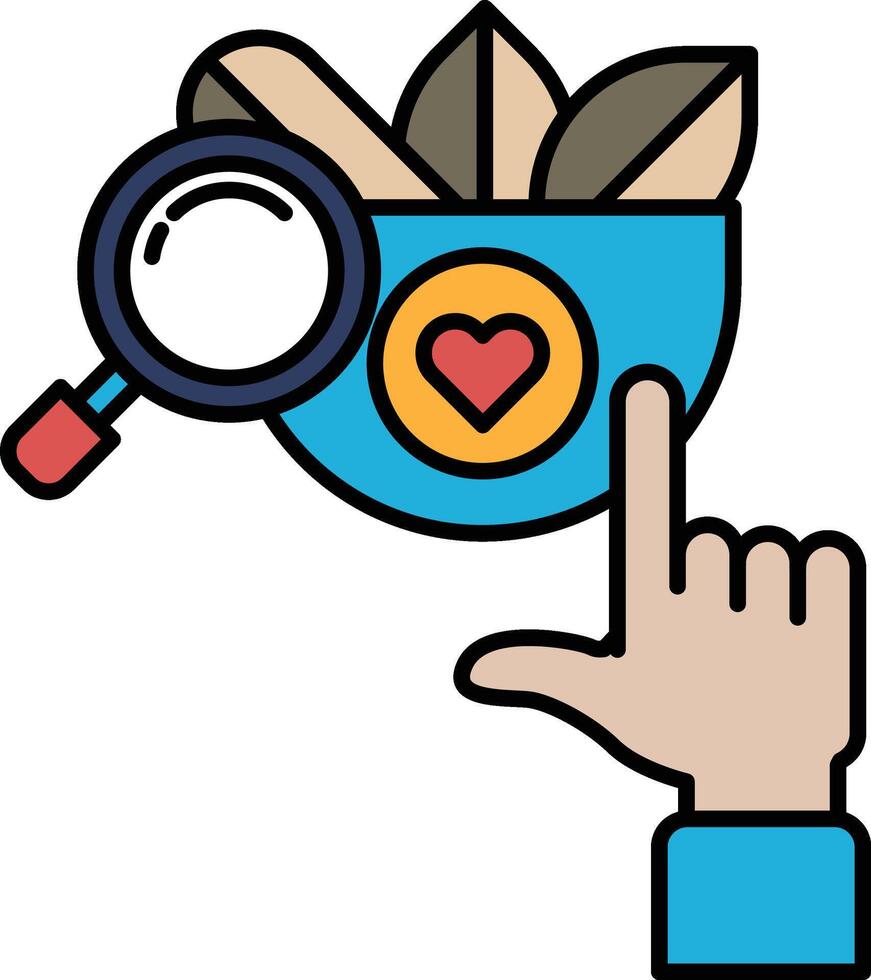 A hand pointing to a blue container with a magnifying glass and a heart vector