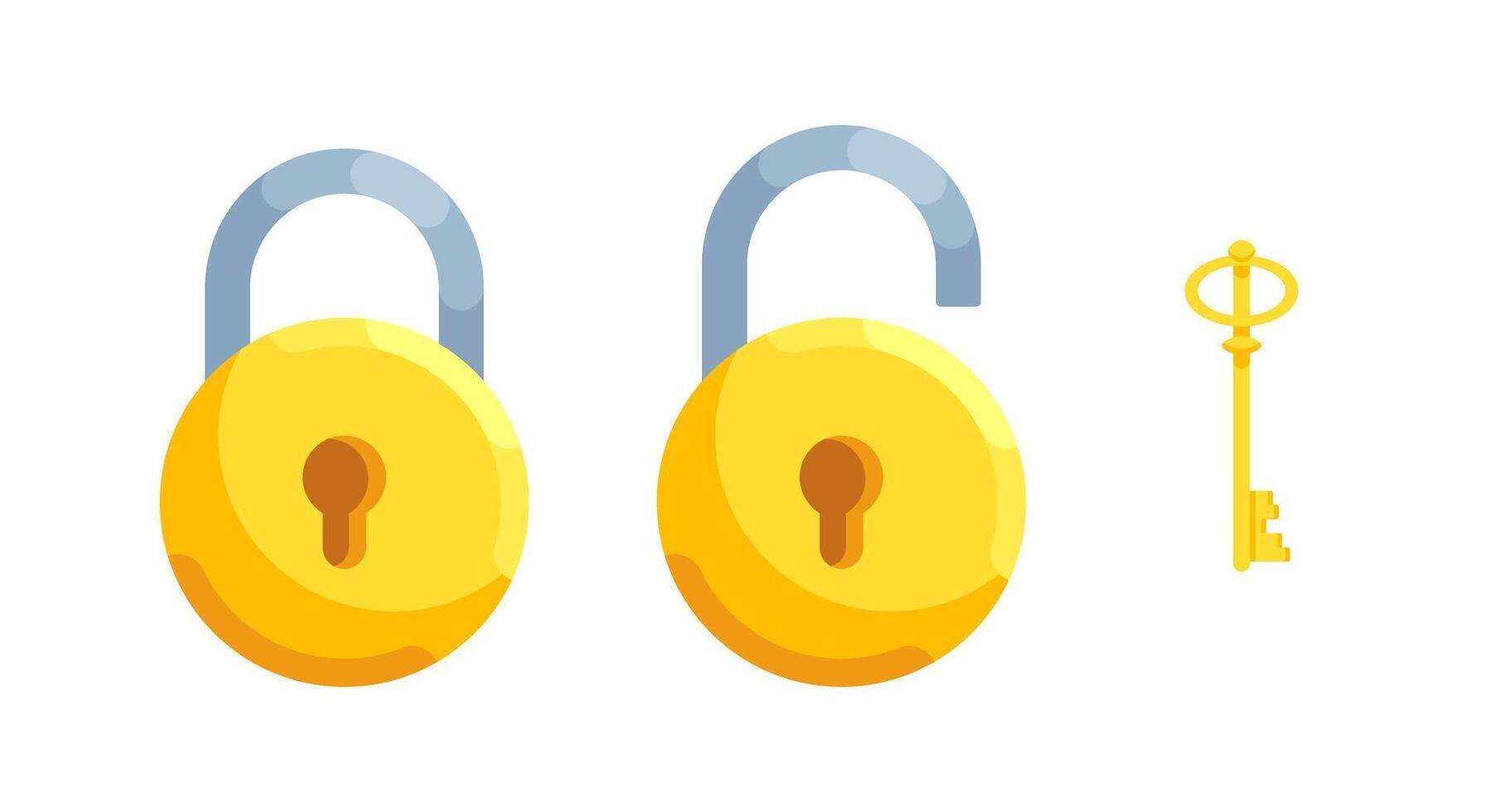 Illustration of simple round locks with open and closed lock and key vector