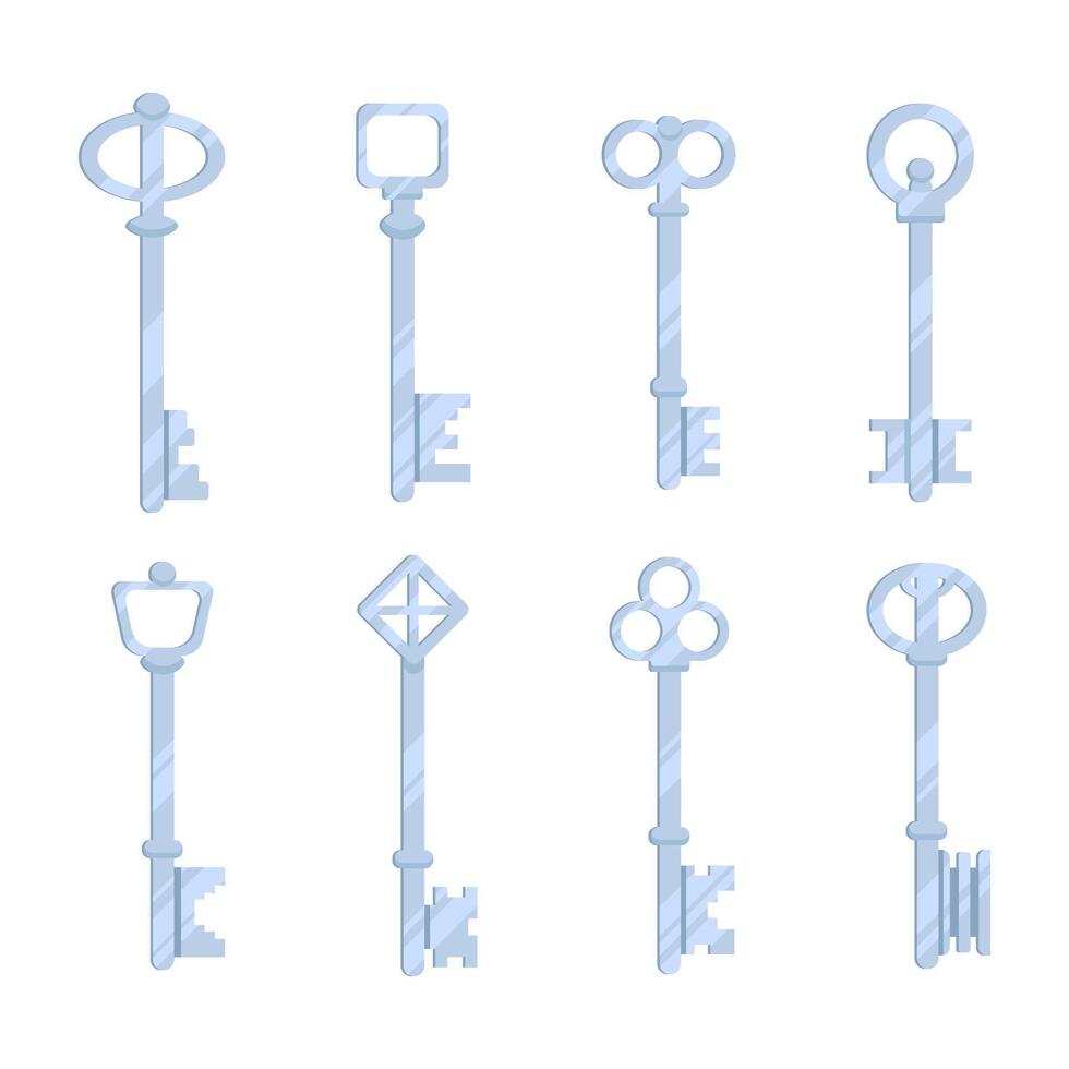 Illustrations of a set of silver keys for locks in simple style vector