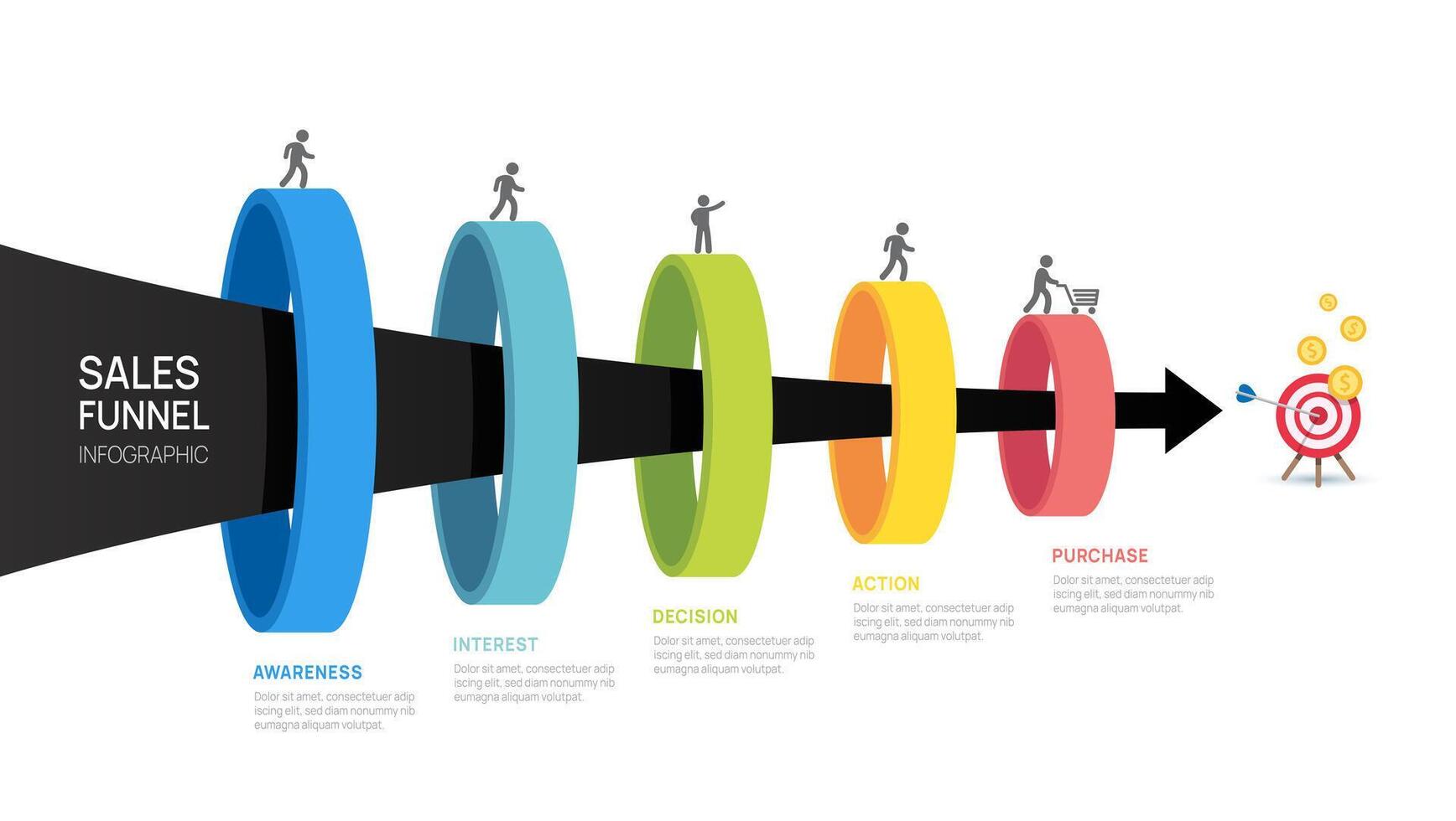 Sales funnel Infographic diagram template for business. Modern Timeline 5 steps, digital marketing data, presentation infographics. vector