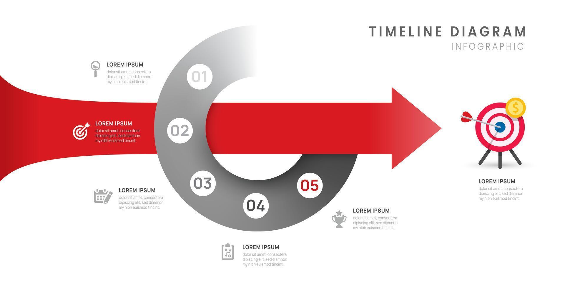 Business roadmap circle timeline infographic with 5 step to traget, diagram, arrow, and icon. vector