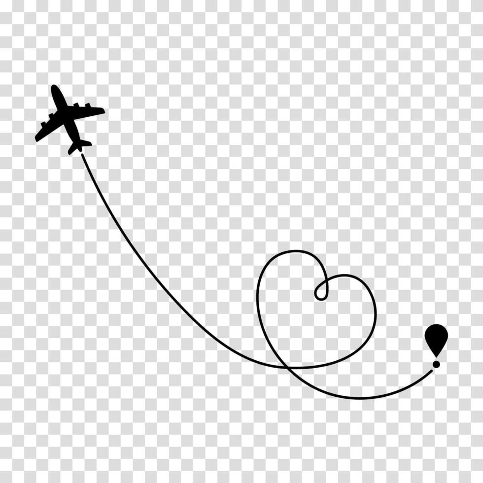Aircraft journey marked by a dashed line, symbolizing flight route, air navigation, and travel itinerary. Love concpet. vector
