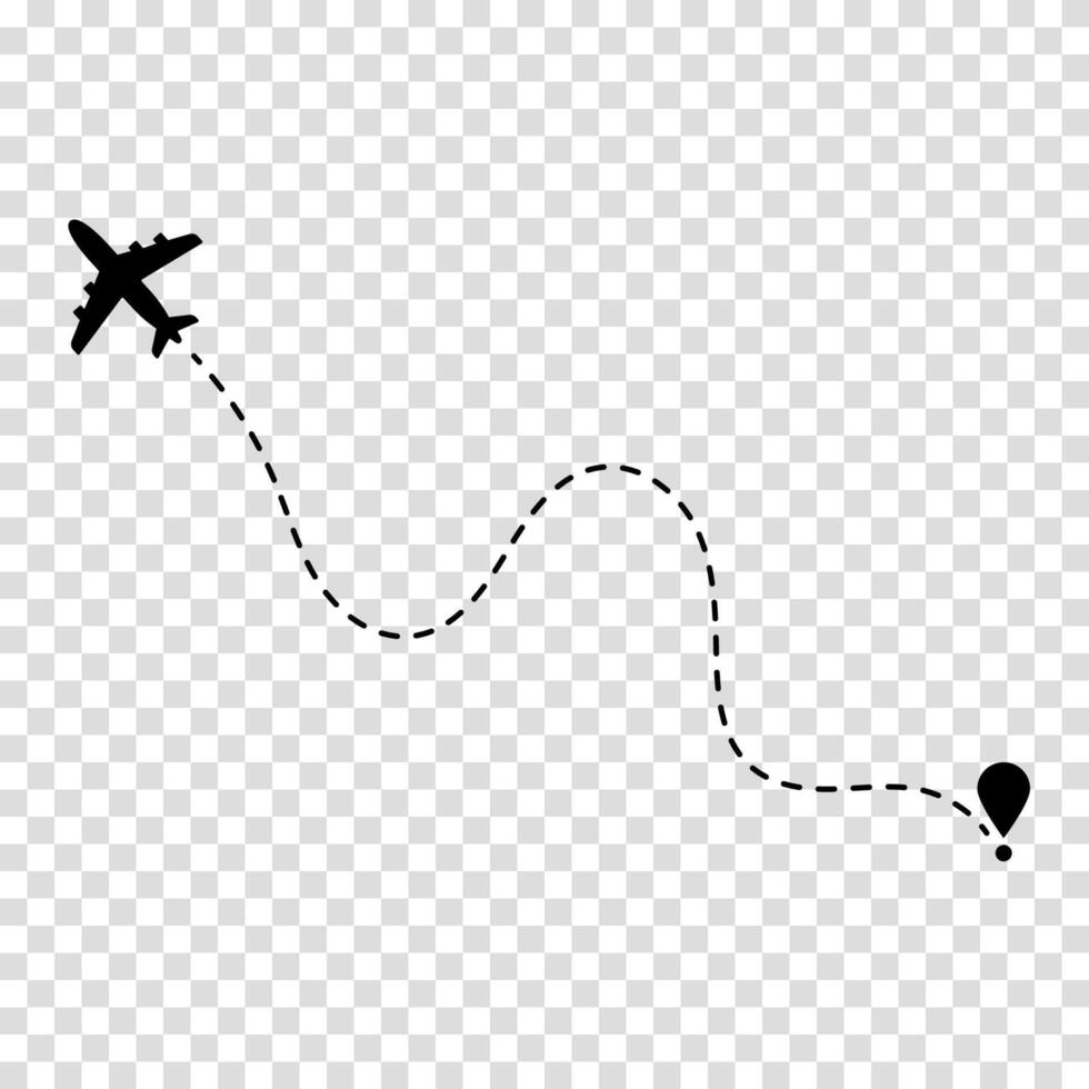 Flight route marked by a dashed trail behind a plane, representing journey mapping, flight tracking, and air navigation. vector