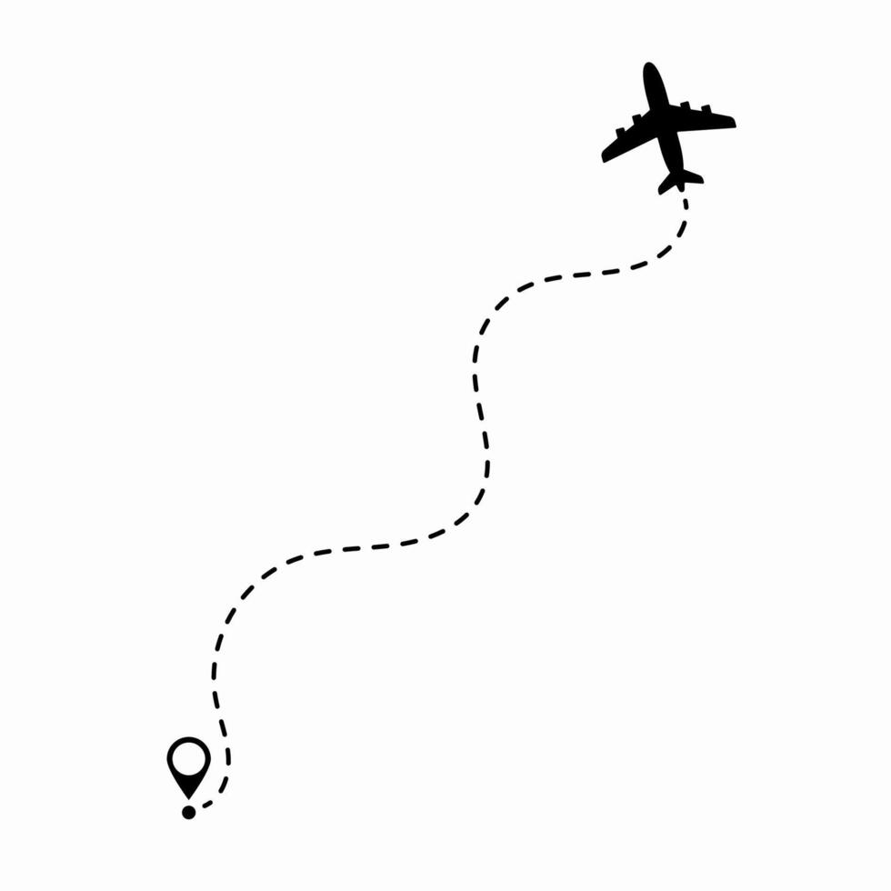Airplane flying along a dotted route trail showing flight navigation and travel itinerary. vector