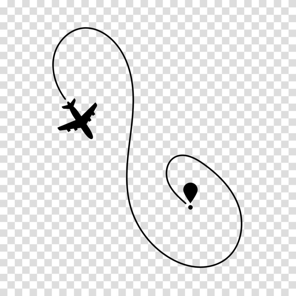 Flight route shown by a dashed line behind a plane, symbolizing air navigation, trip planning, and travel progress. vector