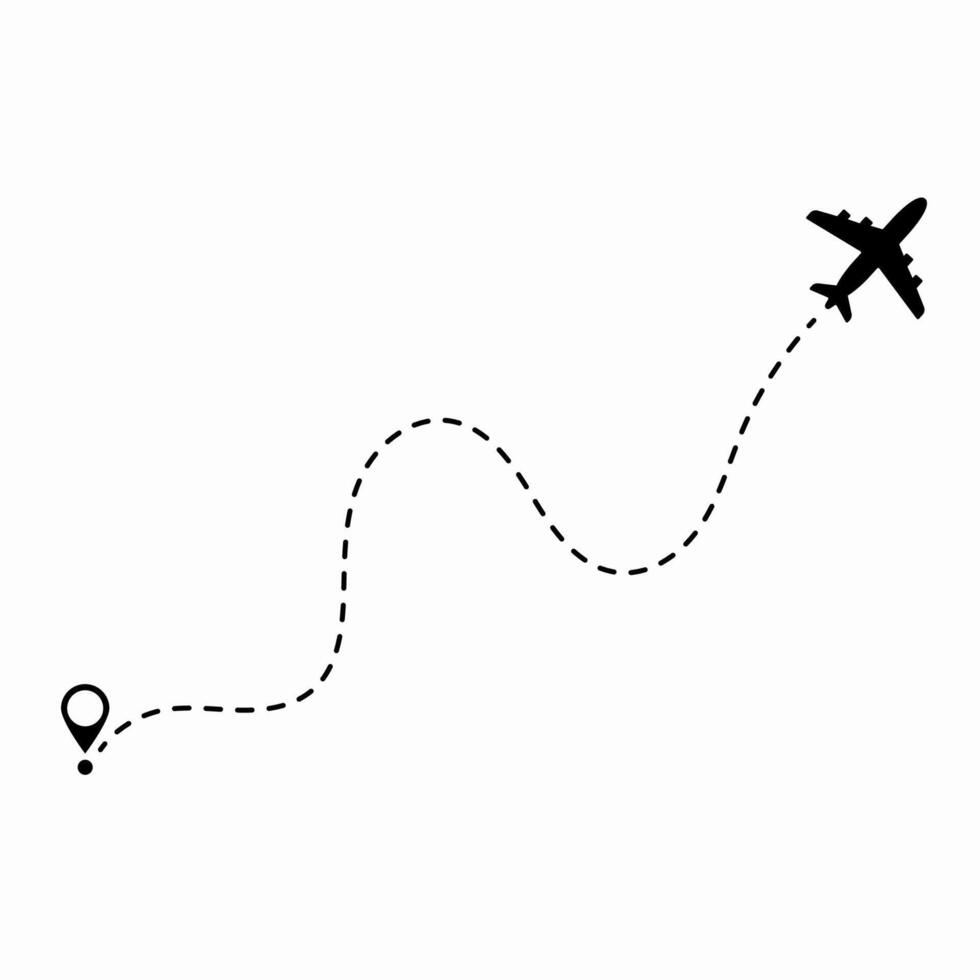 Airplane traveling along a dotted line path, illustrating flight route, air navigation, and travel itinerary. vector