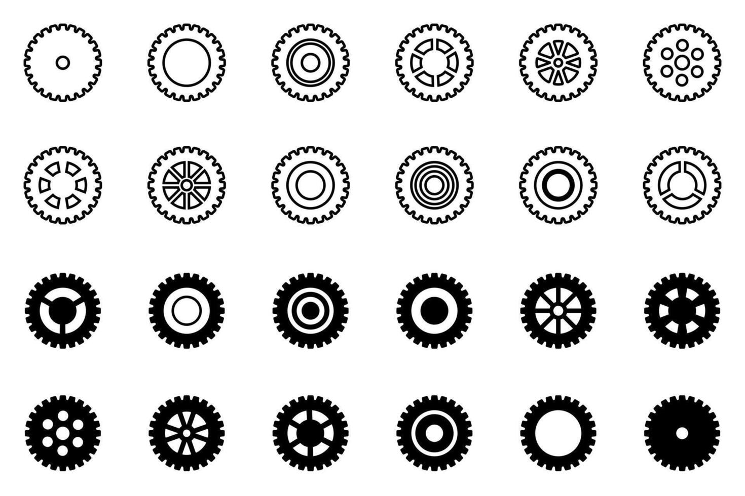 Gear symbol set. Industrial cogwheel icons. Black mechanical wheels. Simple flat design. vector