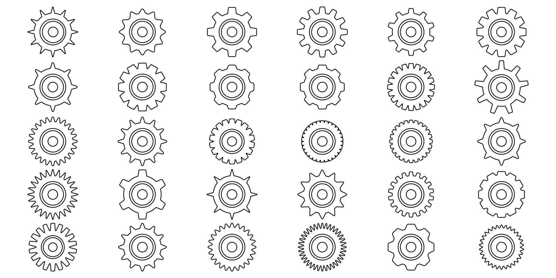 Mechanical cogwheel icons set. Gear symbols collection. Black sprocket shapes. Minimalist icon elements. vector