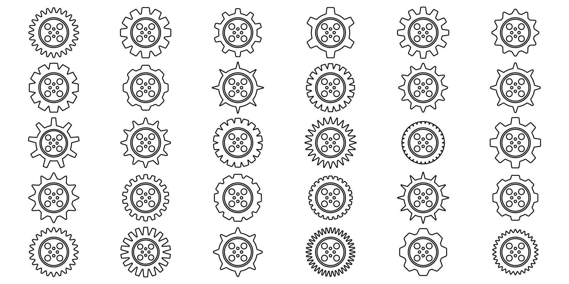 Mechanical cogwheel icon set. Gear symbols collection. Black sprocket shapes. Minimalist graphic elements. vector