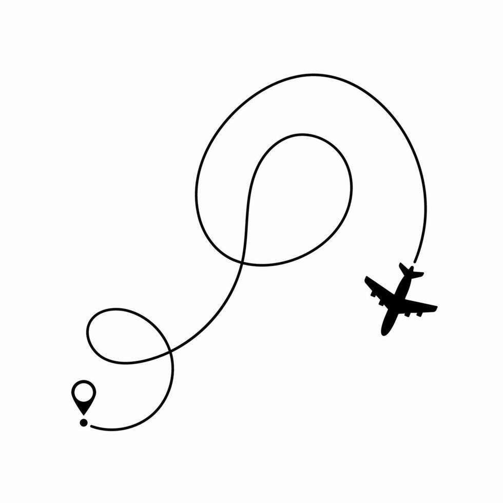 Flight path shown by a dashed trail behind a plane, representing air travel navigation, journey mapping, and trip tracking. vector