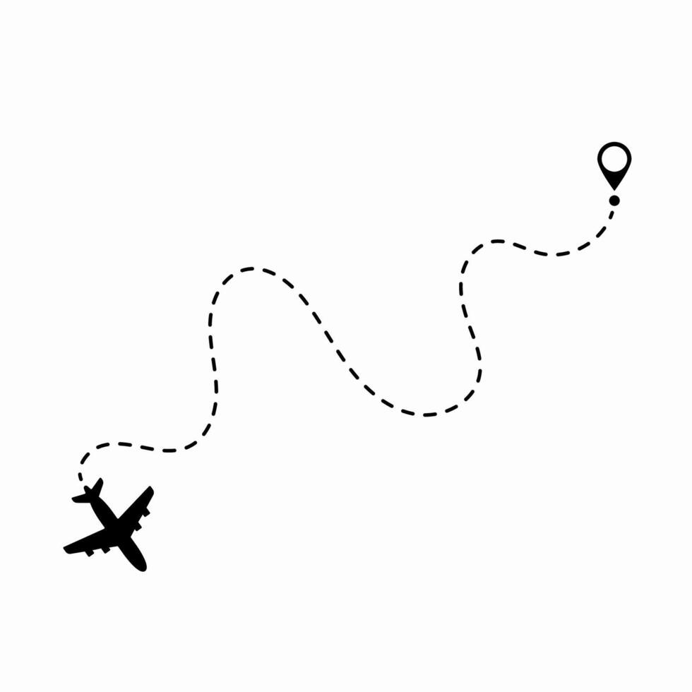 A planes route visualized with a dotted line, illustrating air travel direction, journey planning, and flight tracking. vector