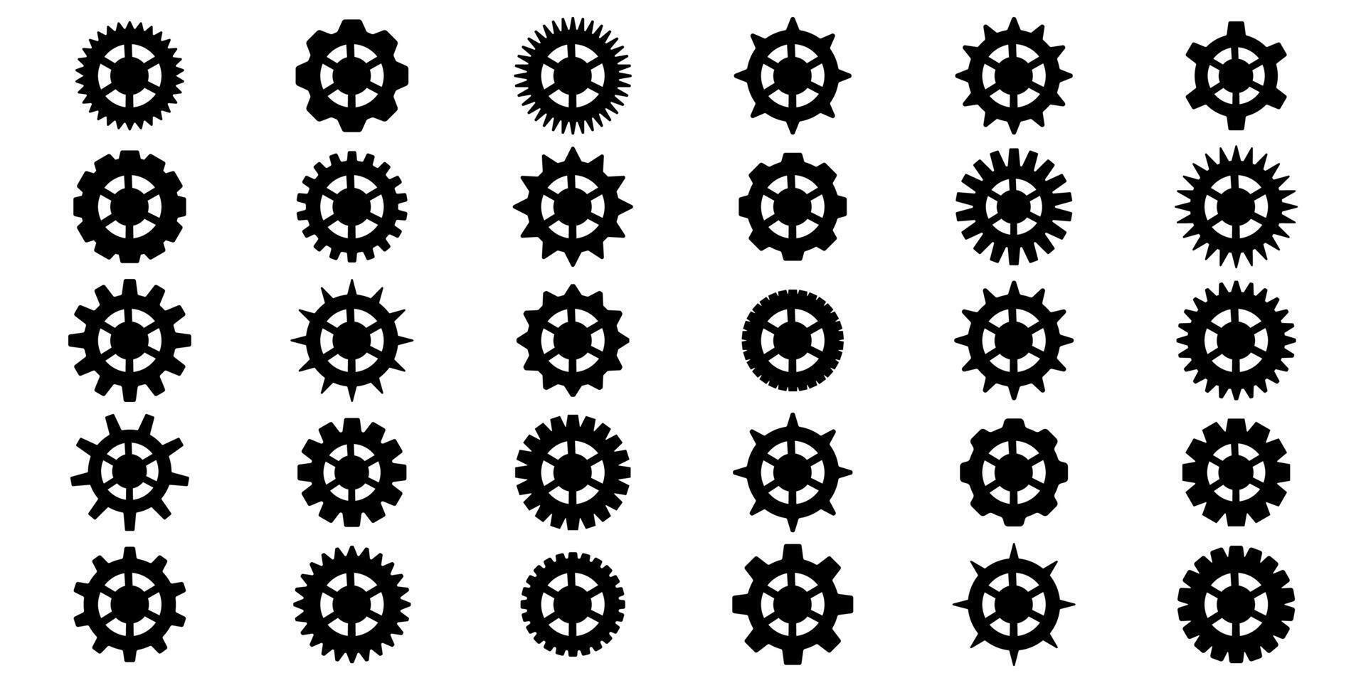 Cogwheel icons set. Mechanical gear symbols. Black sprocket shapes. Simple icon elements. vector