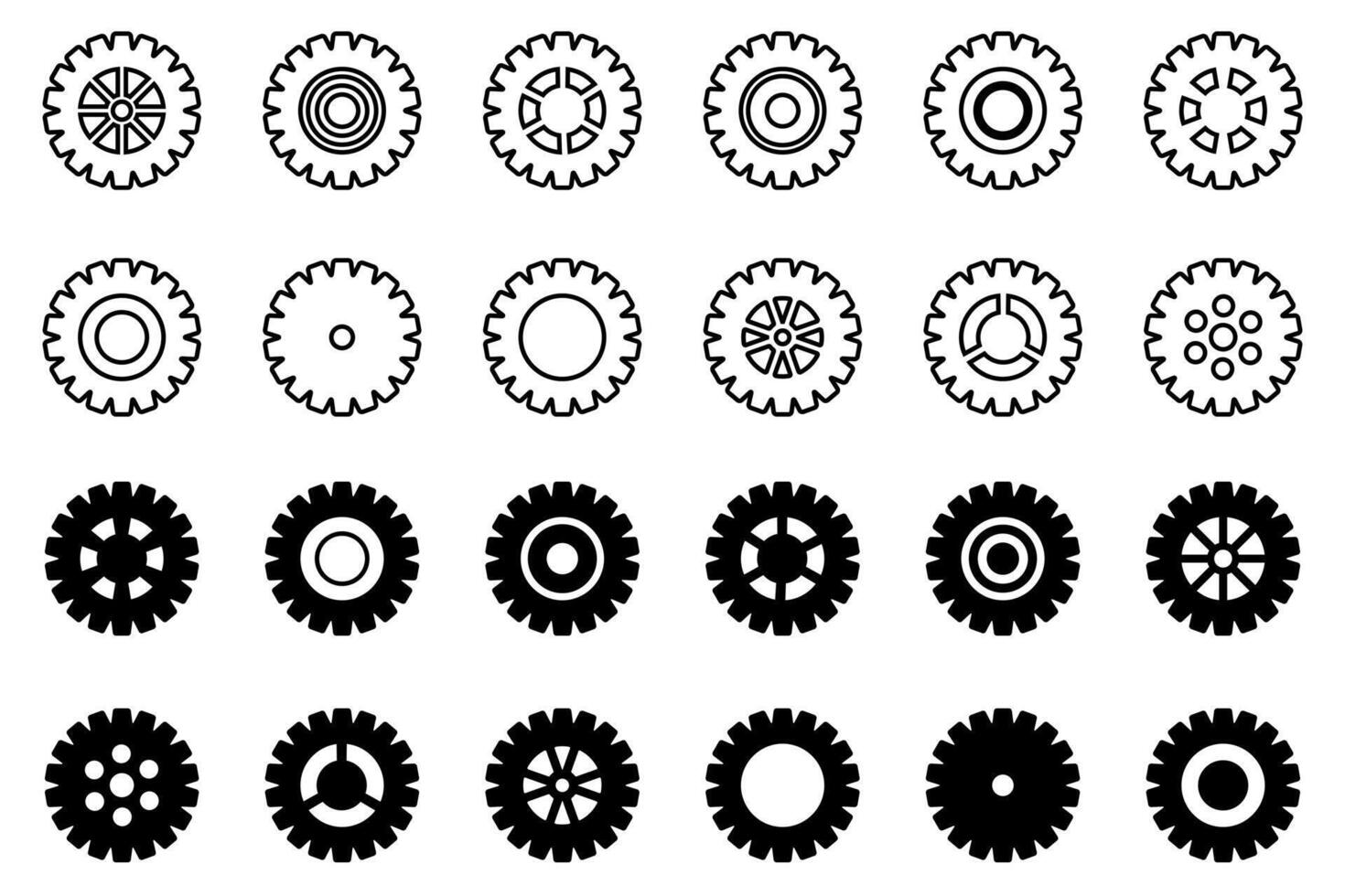 Cogwheel icon set. Mechanical gear collection. Black sprocket shapes. Clean icon design. vector
