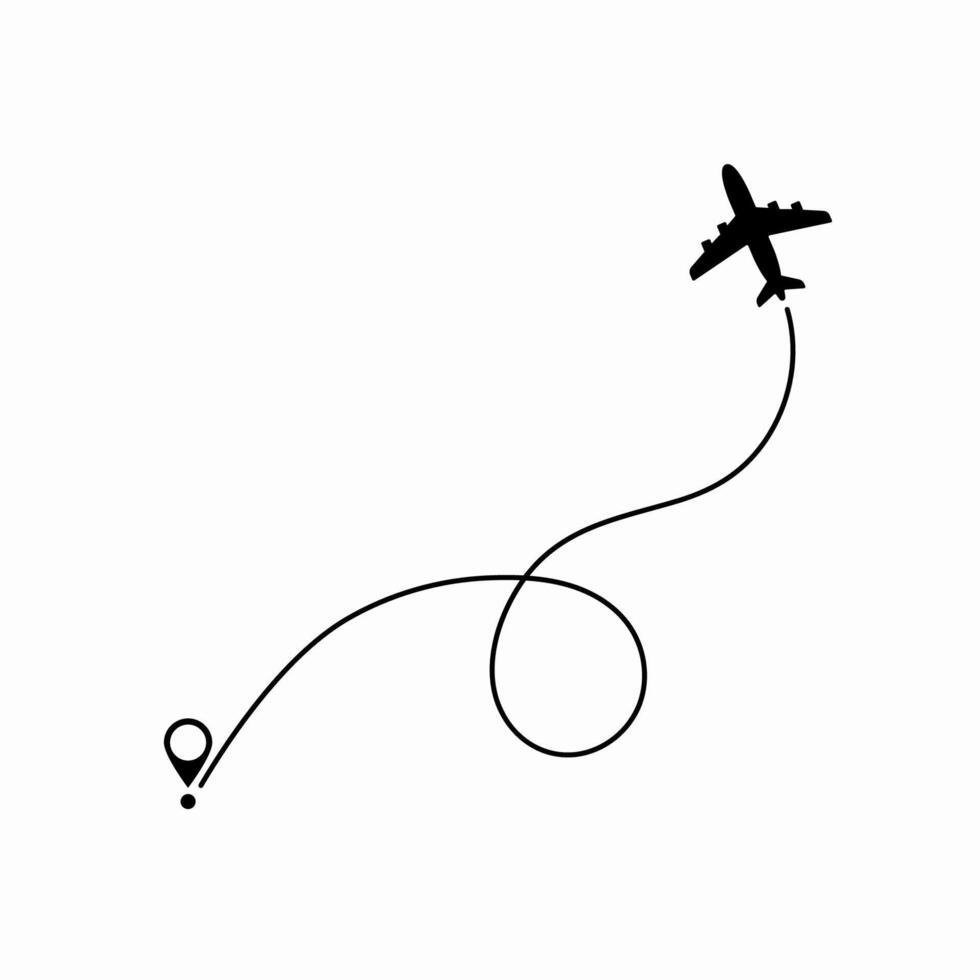 An aircraft depicted with a dotted line following its route, highlighting air travel navigation, trip itinerary, and flight tracking for tourism or transport. vector