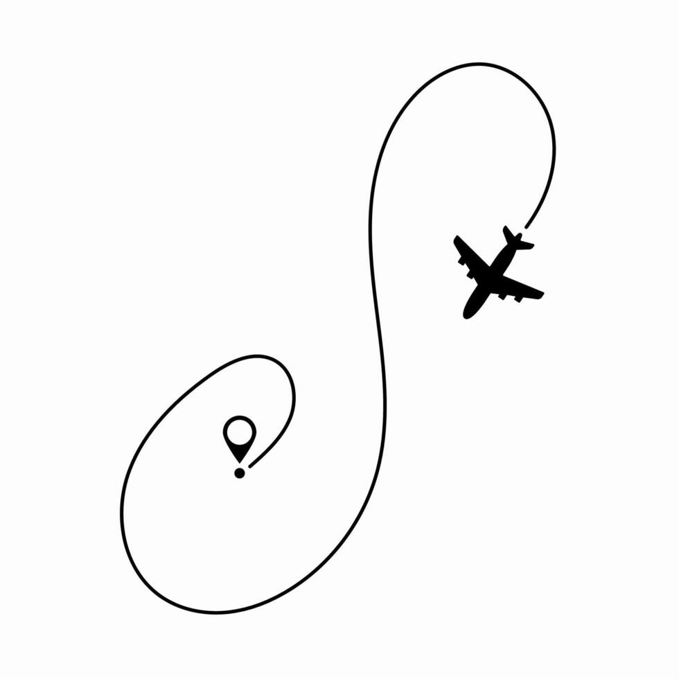 Airplane flying along a dotted line representing its flight path, useful for travel concepts and flight tracking. vector