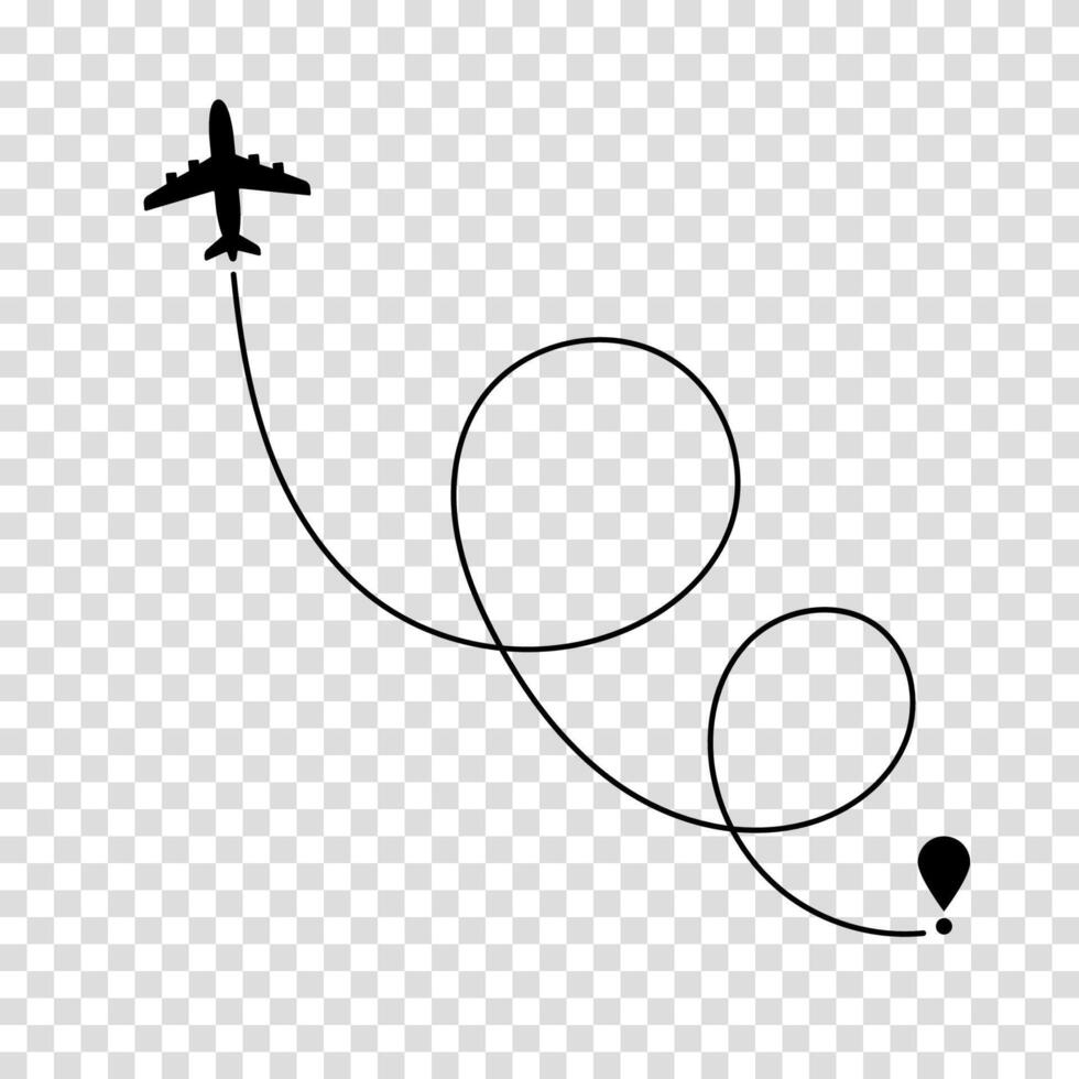 Aircraft moving on a dashed travel path, symbolizing flight route, air navigation, and journey tracking. vector