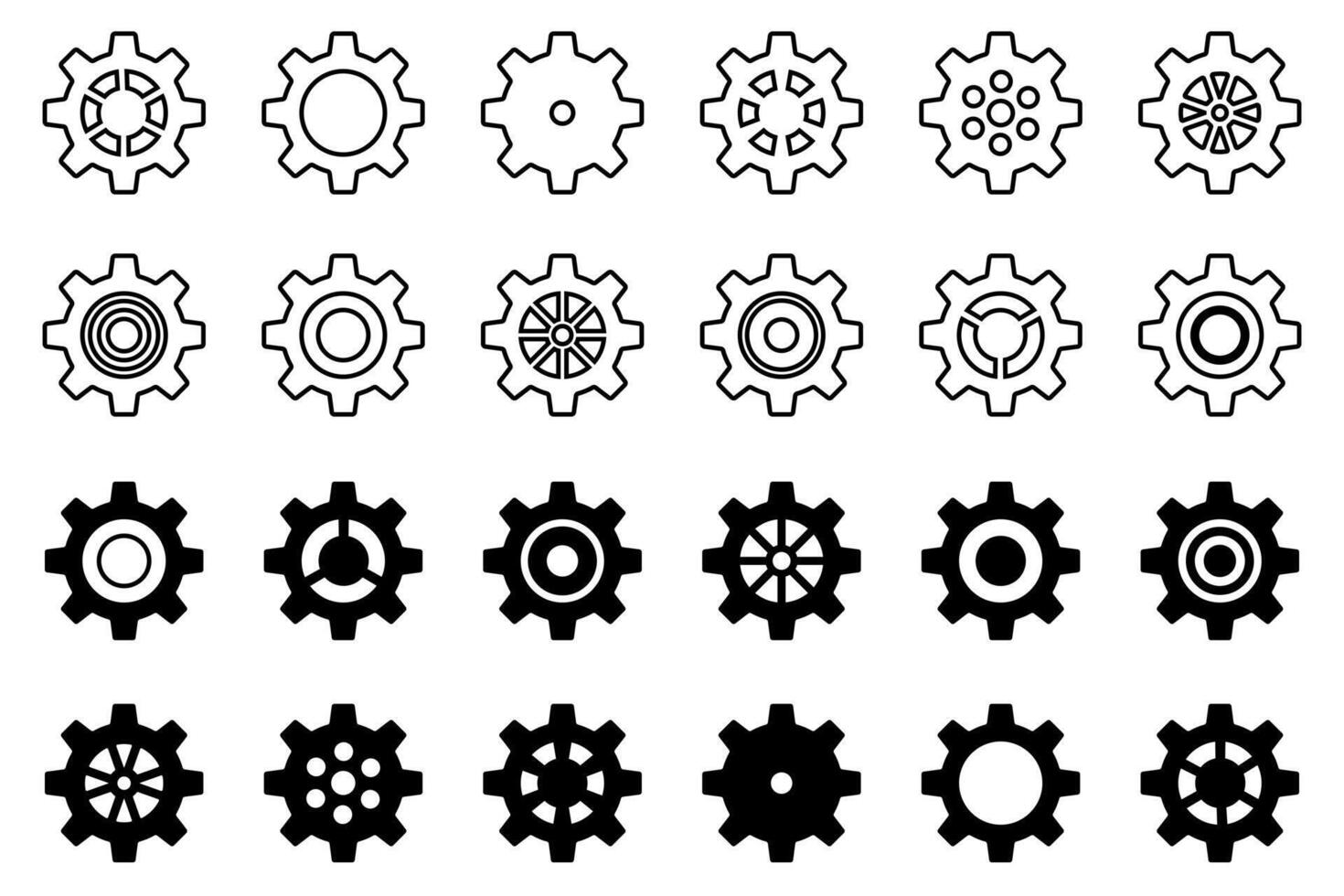 Mechanical gear icons set. Collection of cogwheel symbols. Black sprocket wheels. Simple icon design. vector