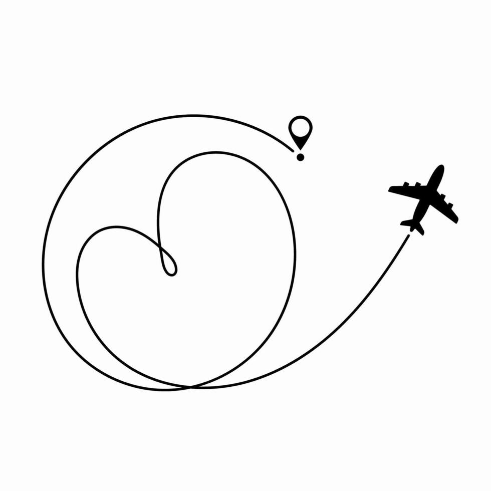 Aircraft moving along a dashed path symbolizing its flight route, showing travel itinerary and air navigation. vector