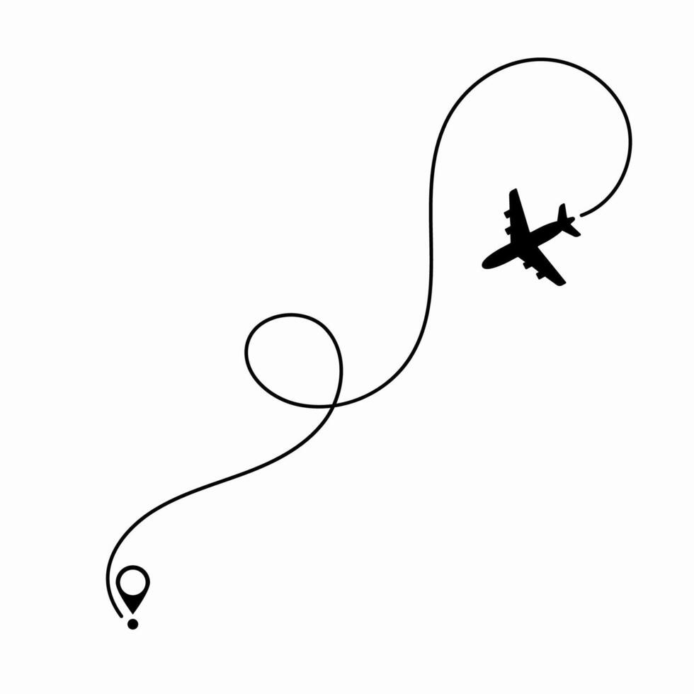 Airplane following a dotted line route representing its flight path, illustrating travel planning and flight tracking. vector