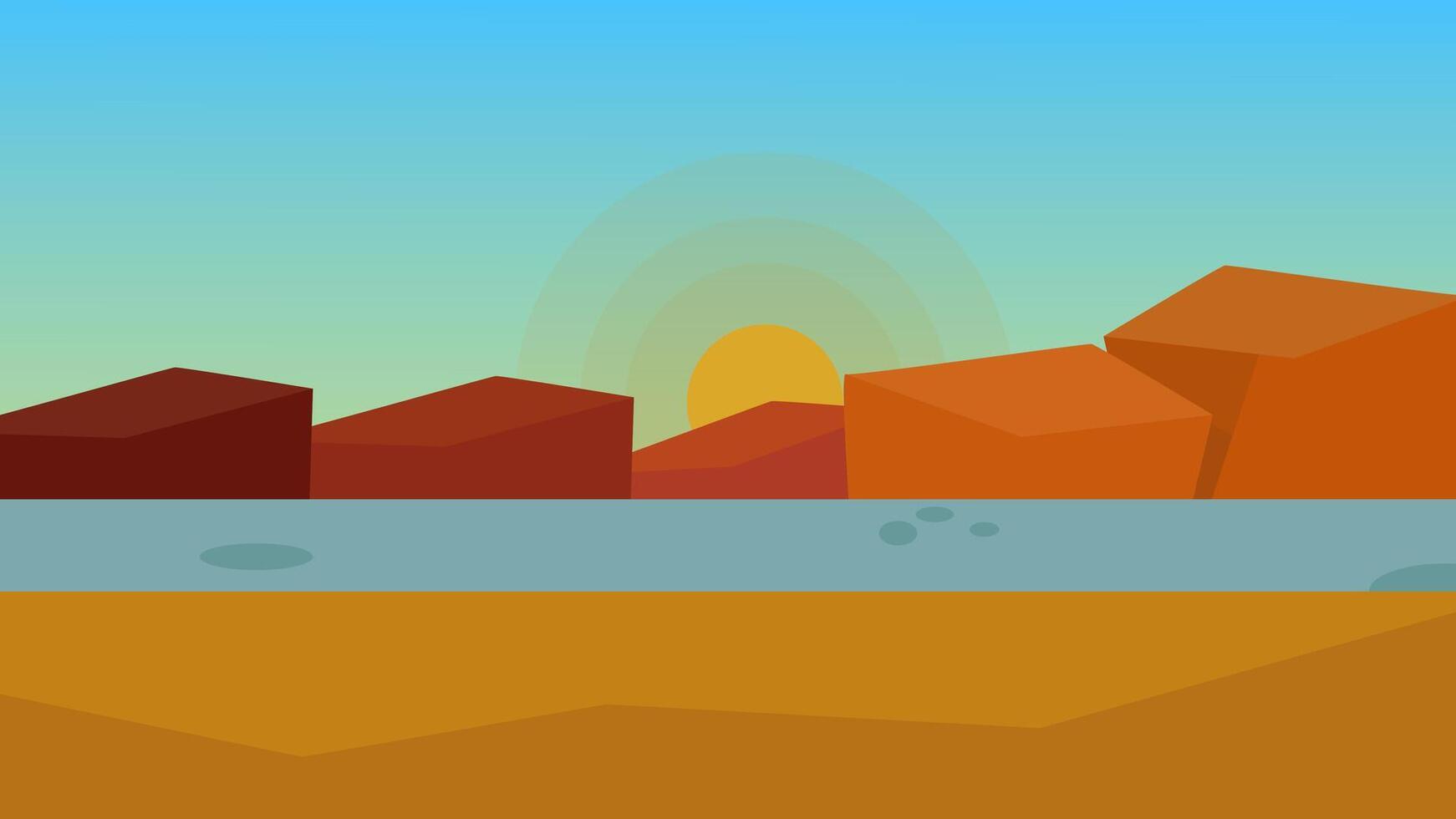 Cartoon Desert Landscape with Rocks and Sunset in Flat Style vector