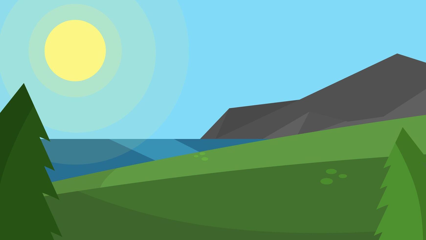 Cartoon Mountain Landscape with Trees, Lake, and Bright Sun in Flat Style vector