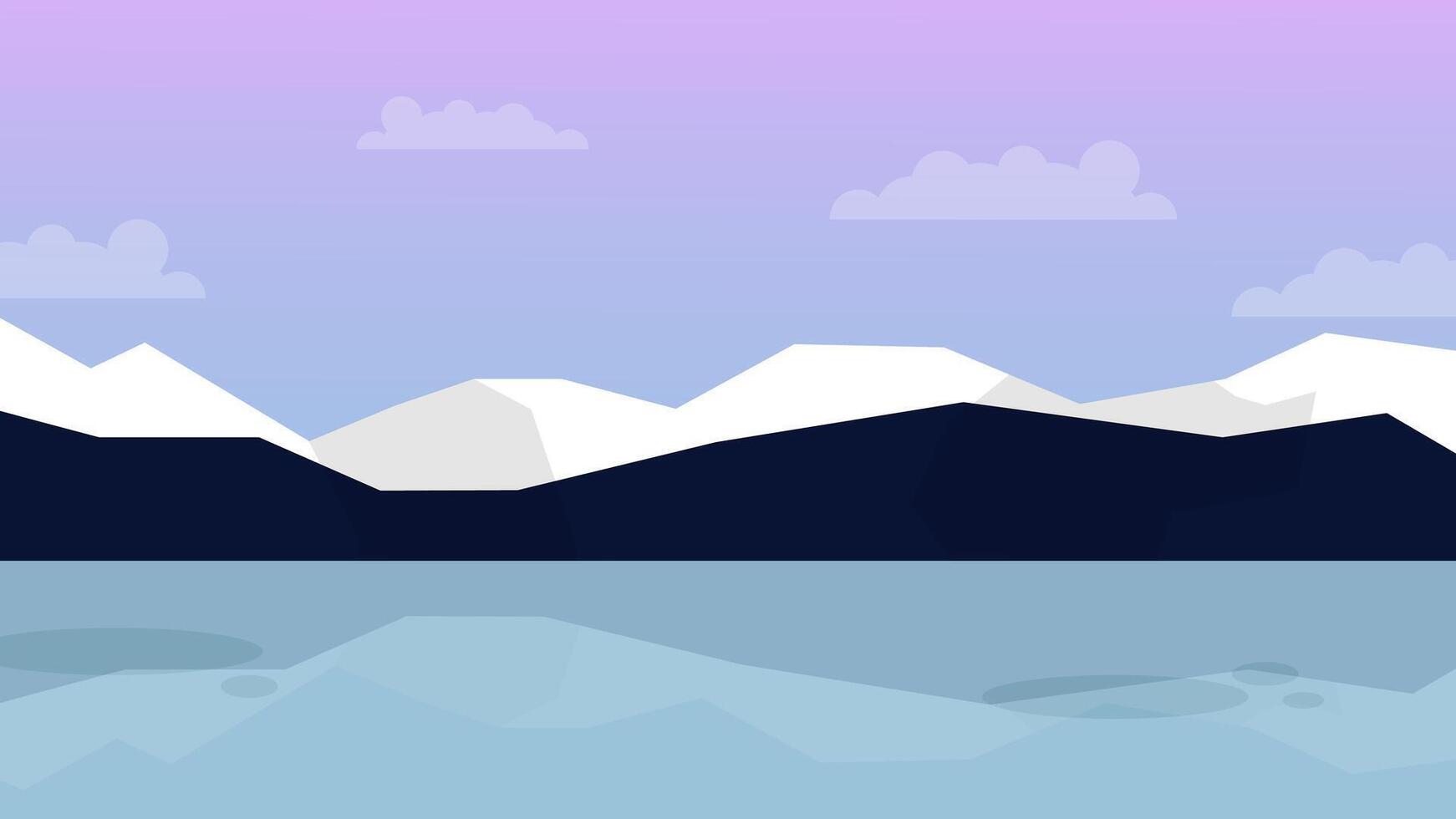Snowy Mountains and Lake at Dusk Minimal Flat Landscape vector