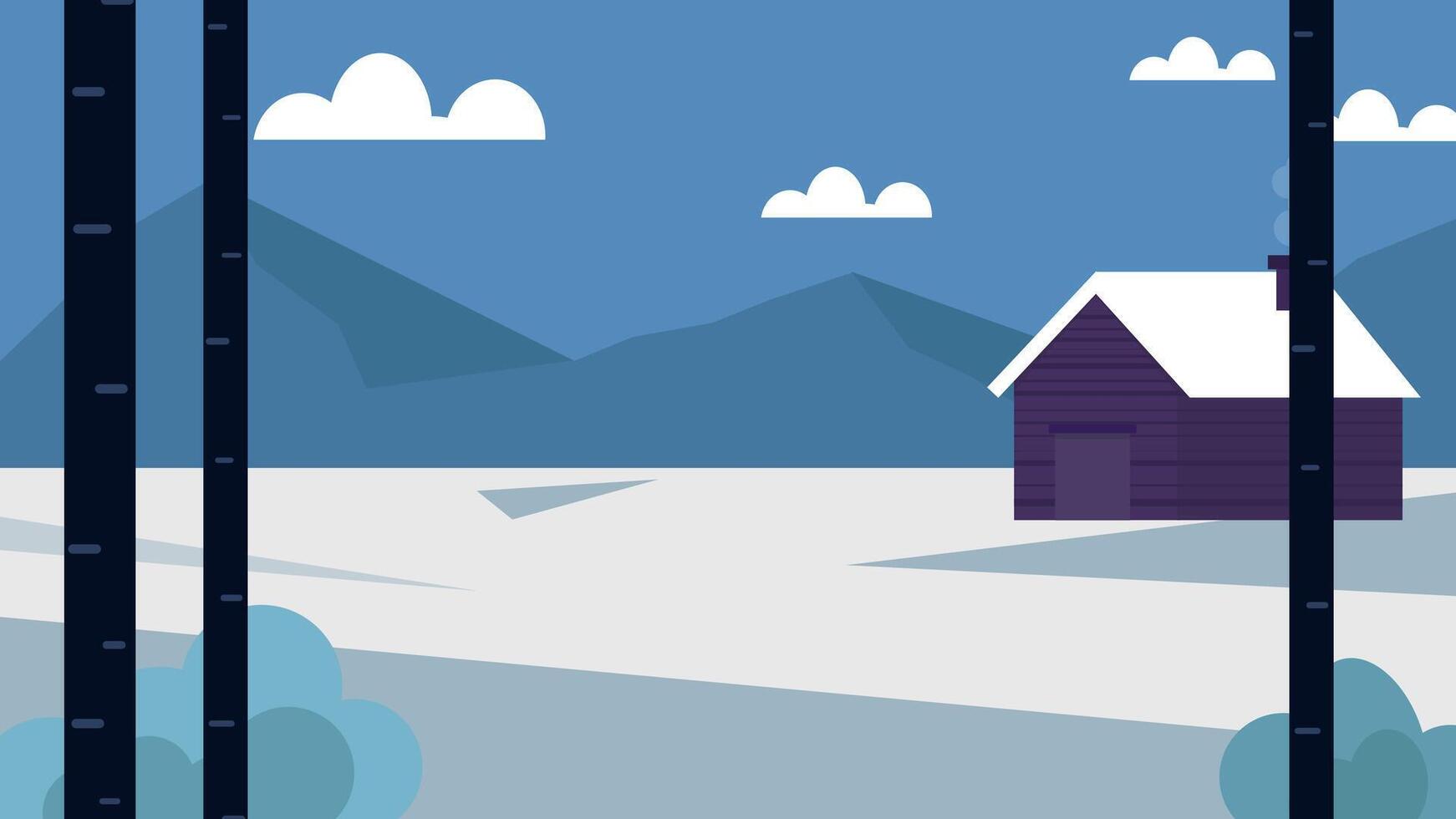 Winter Cabin in a Snowy Mountain Landscape Flat Illustration vector