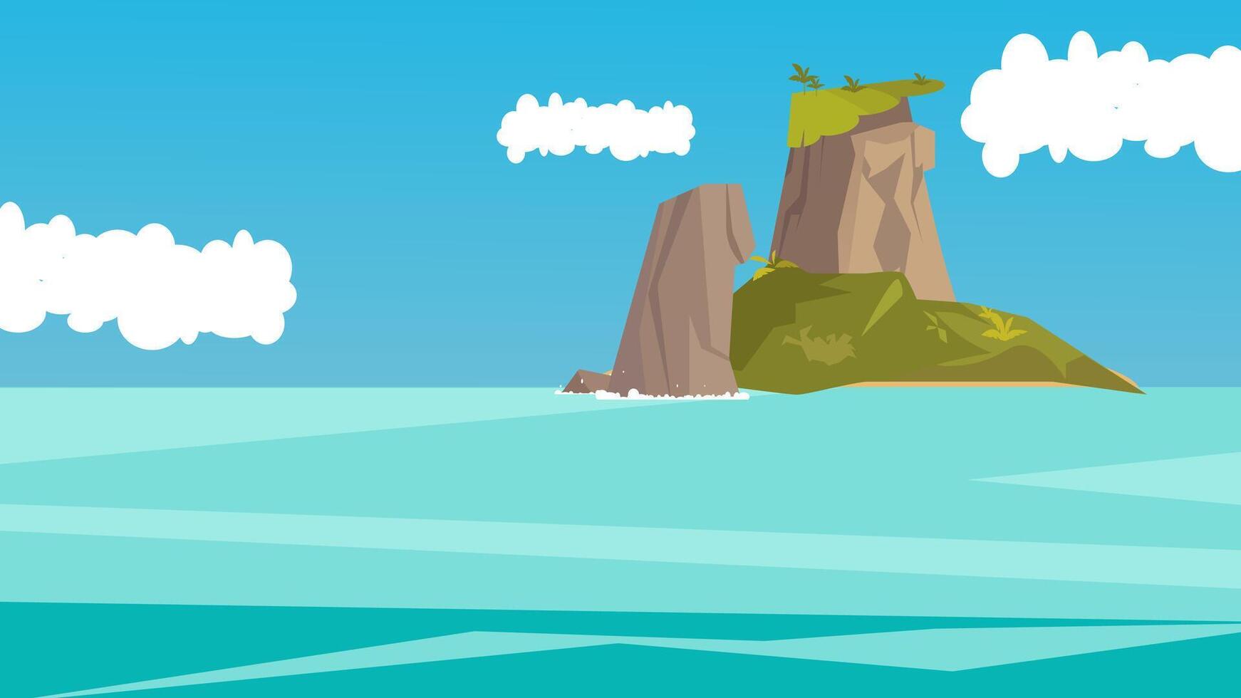 Tropical Island with Rocky Cliffs and Blue Ocean Flat Illustration vector